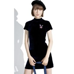 LAZY OAF Midnight Planet Blue Velvet Mock Neck Turtleneck Mini Dress Medium